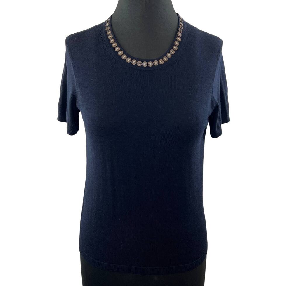 BOSS Hugo Boss Navy Blue Wool Round Neck Short Sleeve Knit Pullover Sweater S